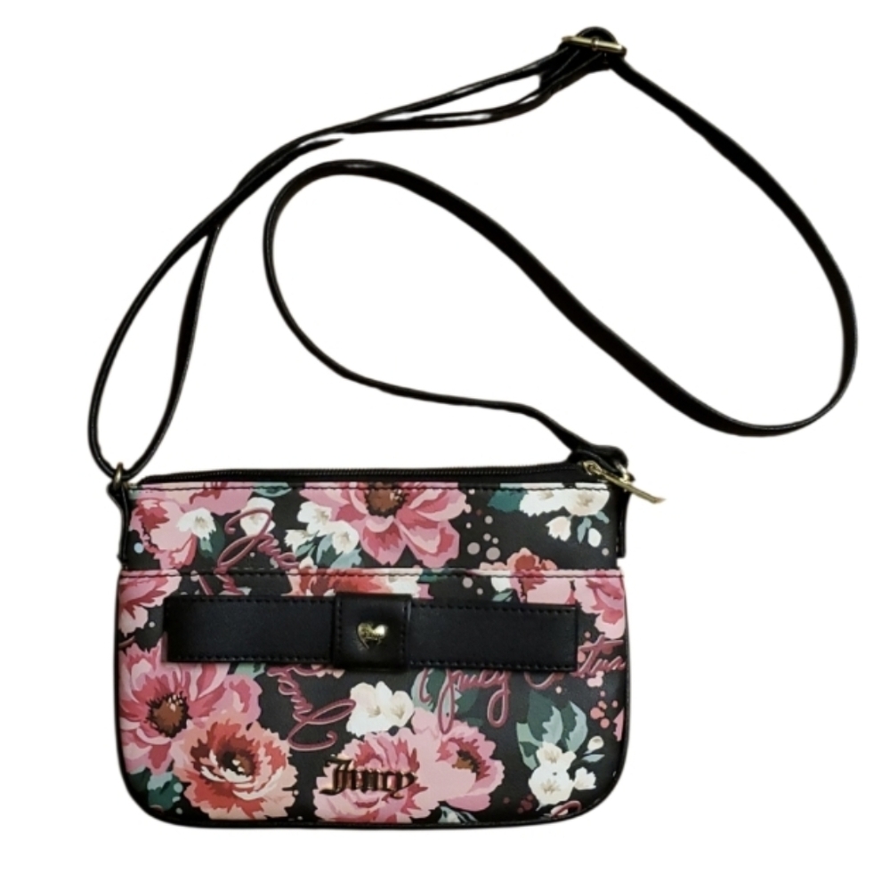 NWOT Juicy Small Floral Crossbody Purse With Bow Black‎ & Pink